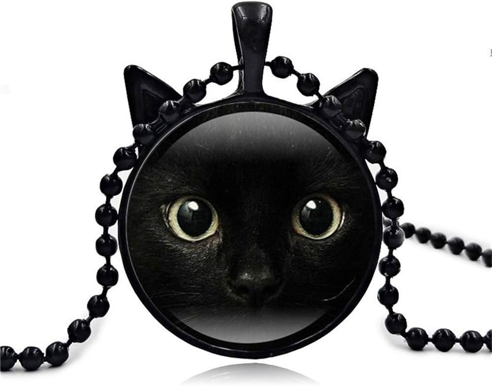 LODDD Cute Black Cat Necklace Art Picture Pendant Statement Chain Necklace