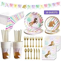 Unicorn Party Supplies & Decorations Bundle Set Serve for 16 Gusets, 130Pcs Set Sparkling Foil Unicorn Themed Party Favors! Includes Banner, Tablecloth, Dinner Plates, Dessert Plates, Cups, Napkins, Straws, Knives, Forks, Spoons, Perfect for Girl