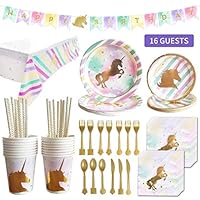 Unicorn Party Supplies & Decorations Bundle Set Serve for 16 Gusets, 130Pcs Set Sparkling Foil Unicorn Themed Party Favors! Includes Banner, Tablecloth, Dinner Plates, Dessert Plates, Cups, Napkins, Straws, Knives, Forks, Spoons, Perfect for Girl