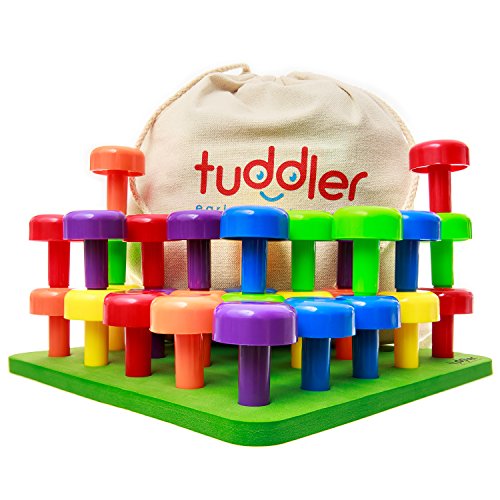 Brightly Colored Stackable Pegs and Peg Board Set / Montessori Educational Toy for Toddlers and Kids + Pattern Card + Drawstring Backpack for portability and neat storage + Ebook by Tuddler
