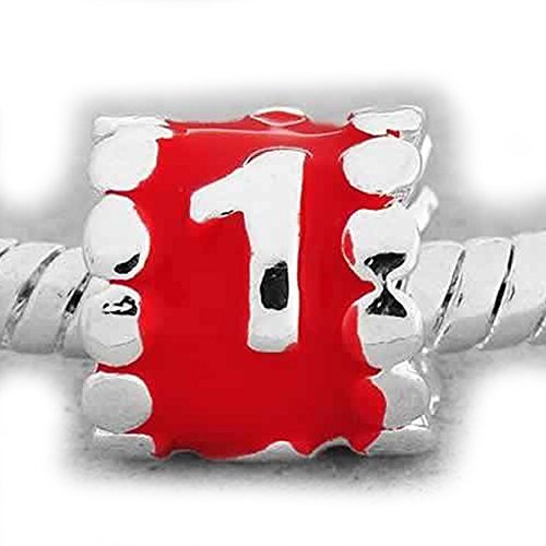 Choose Your Lucky Numbers "Red Enamel Number Charm Beads" From 0-9 Spacer Pandora Style Troll Biagi Chamilia European Charm Bracelets Compatible (Number "1")