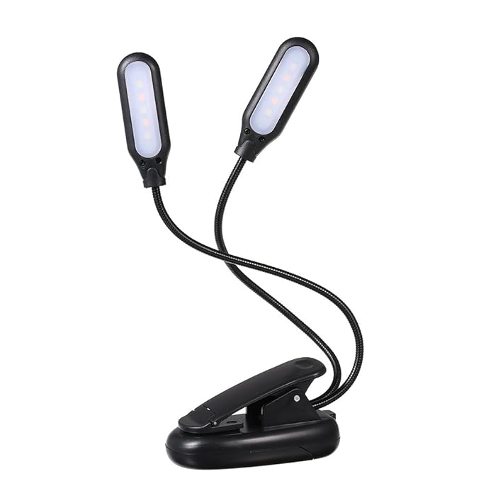 Walmeck 10 LED 2 Light Colors 3 Illumination Modes Table Lamp Desk Light with Clamp Clip Base Battery Powered Operated with USB Charging Port for Music Stand Bookshelves Computer Desk Headboard