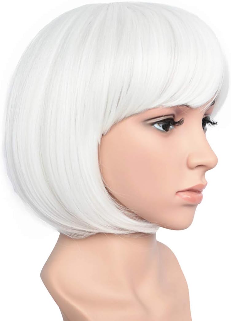 BESTUNG Short Straight Bob Hair Wigs with Flat Bangs for Women White Synthetic Heat Resistant Cosplay Party Costume Hair Wig