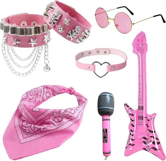 Meunhy 7 PCS Rock Star Fancy Dress Rockstar Accessories,Rock Star Accessories for Kids,80s Fancy Dress,Includes Wristband Microphone Bass Headband Collar Glasses
