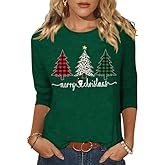 Womens Merry Christmas 3/4 Sleeve Shirt Funny Xmas Buffalo Plaid Letter Printed Tree Graphic Tee Winter Holiday Top