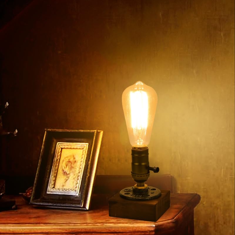 Retro E27 Edison Bulb Wooden Table Lamp Base with UK Plug,ON/OFF switch,Industrial Steampunk Desk Lamp Holder-Weathered Wood Finish for Cafe, Bar, Bedroom, and Dining Room Decor (Bulb Not Included)