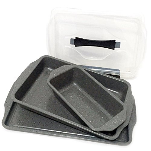 Silver Granite Rectangular Cake Pan 9" x 13" with Plastic Lid, Loaf Pan 12" x 6", 10" X 15" Cookie Sheet Set 2 Silver Granite Rectangular Cake Pan 9" x 13" with Plastic Lid, Loaf Pan 12" x 6", 10" X 15" Cookie Sheet Set - Image 3