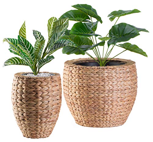 Vintiquewise Water Hyacinth Tall Wicker Floor Vase Planter Set of 2, Seagrass Wicker Vase with Metal Pot, Decorative Round Indoor Planters