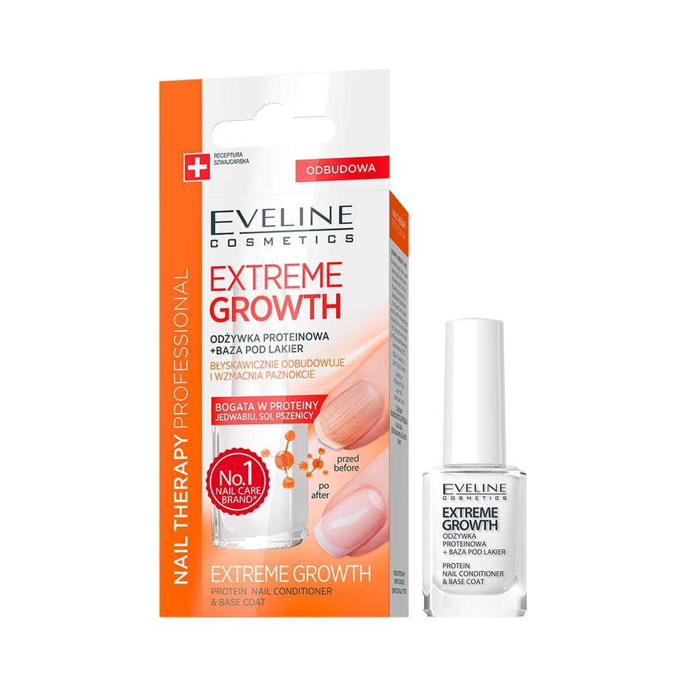 Eveline Cosmetics Nail Therapy Professional Extreme Growth Nail Protein Conditioner - Nail Therapy for Stronger, Healthier Nails with Natural Ingredients - 12ml