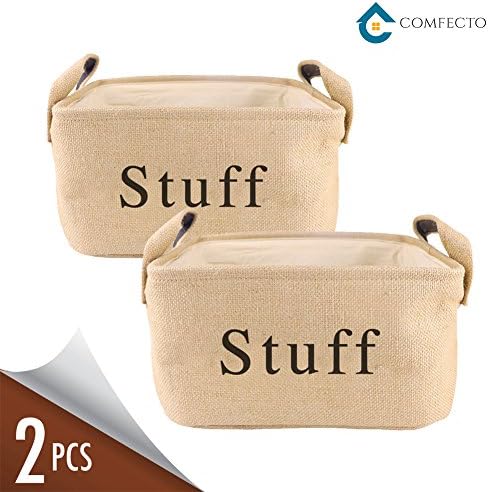 Comfecto 2 Pack Collapsible Jute Storage Bin Nursery Baskets with Leather Handle - Great for Bedroom, Closet, Toys and Cat (Stuff Print)