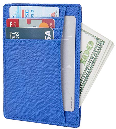 Linscra Small Genuine Leather RFID Blocking Minimalist Wallet Credit ID Card Holder Travel Slim Pocket Wallet Money Clip Men Women, Blue - Thumbnail 2