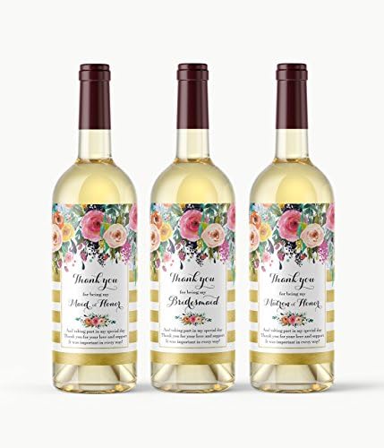 Set of 8 - Bridal Party Thank You Gift Idea - Bridesmaid, Maid of Honor, Matron of Honor Thank You Wine Labels - Bridal Party Thank You Card Alternative, Waterproof Wedding Labels, Gold, A103-THANK-8