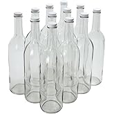 FastRack 750ml Clear Glass Wine Bottles with White Metal Screw Caps (Pack of 12) | Empty W5 Flint Bordeaux Bottles for Homemade Wine, Juice, Kombucha, Spirits & Beverage Storage