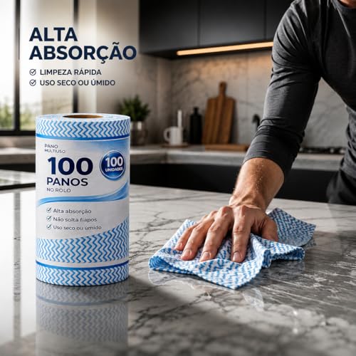 Rolo 100 Panos Multiuso Tipo Perfex Lavável Reutilizável Secagem Rápida 100 Panos 25x30cm para Cozinha Vidros Móveis Lavanderia (1 Rolo)