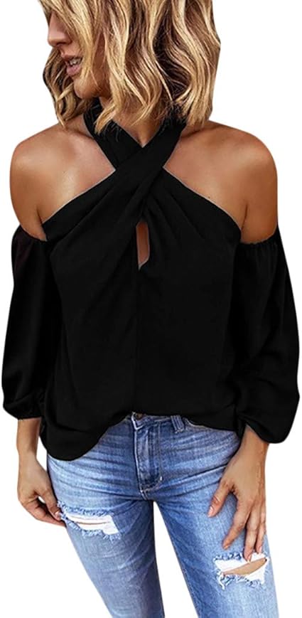 VigorY Cold Shoulder Keyhole Back Blouse Women Sleeveless Halter Neck Tank Self Tie Scallop 