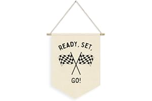 Dilemat Race Car Room Decor for Boys Linen Pennant Banner - Ready Set Go Racing Pennant Flag Banner Wall Hanging Decor for Car Room Decor for Boys Playroom Nursery