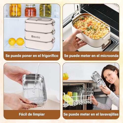 LEMONSEA Bento Box, Lunch Box de 3 Capas de 2400 ml, Toppers para Lunch Antifugas, Acero Inoxidable y Material PP, Bento Lunch Box con Bolsa para Almuerzo y Cubierto, Adecuado para Escuelas y Oficinas