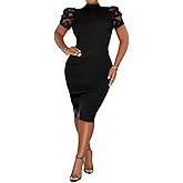 Fastkoala Women's Elegant Ribbed Bodycon Dress Lace Short Sleeve Slim Fit Midi Dress Turtle Neck Night Club Party Dresses