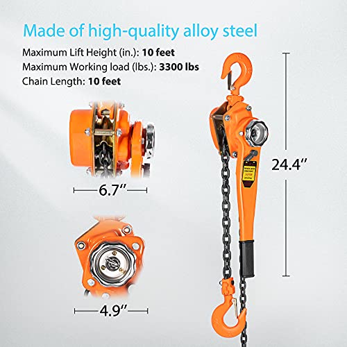SPECSTAR Lever Chain Hoist 11/2 Ton 3300 Lbs Capacity 10 Feet with 2