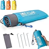Indalo Premium Compact Blanket For Beach, Picnics, Camping, Hiking & More. 79x56 Inch, Lightweight & Waterproof With Stakes & Emergency Rain Hood (Blue/Gray)