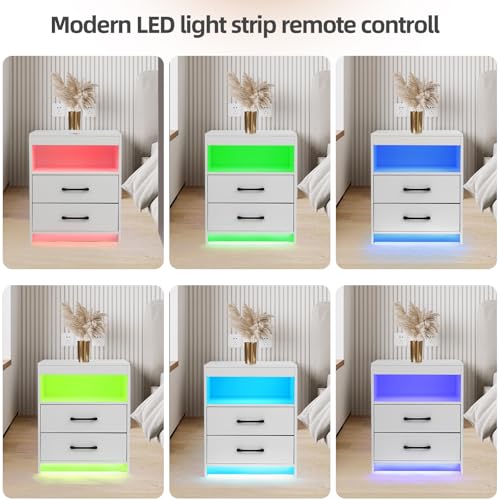 ansefe Night Stand with Charging Station and Ambient Light, LED Nightstand with USB-C Ports and Outlets, Morden Bedside Table with 2 Drawers and Open Compartment, End Table for Bedroom, White