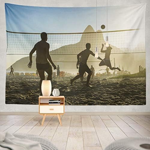 KJONG Silhouettes Playing Sunset Backdrop Two Mountain Beach Volleyball Beach Sunset Sand Team Beach Volleyball Decorative Tapestry,50X60 Inches Wall Hanging Tapestry for Bedroom Living Room