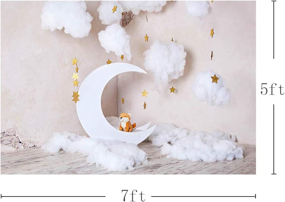 MEHOFOND 7x5ft White Moon Gold Star Photography Backdrop for Children Grey White Cloud Newborn Baby Photo Shoot Boy Girl Birthday Backdrop Banner Cake Smash Studio Photo Props - Image 5