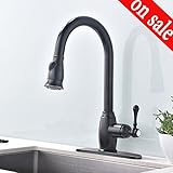 Ufaucet Best Solid Brass 1 or 3 Hole Single Handle High Flow Prep Solid Brass Pull Out Sprayer Kitchen Faucet, Bronze Pull Down Kitchen Sink Faucet With Deck Plate