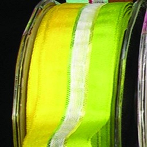 Green and Yellow Narrow Taffeta with Sheer White Stripe Wired Craft Ribbon 22mm x 108 Yards