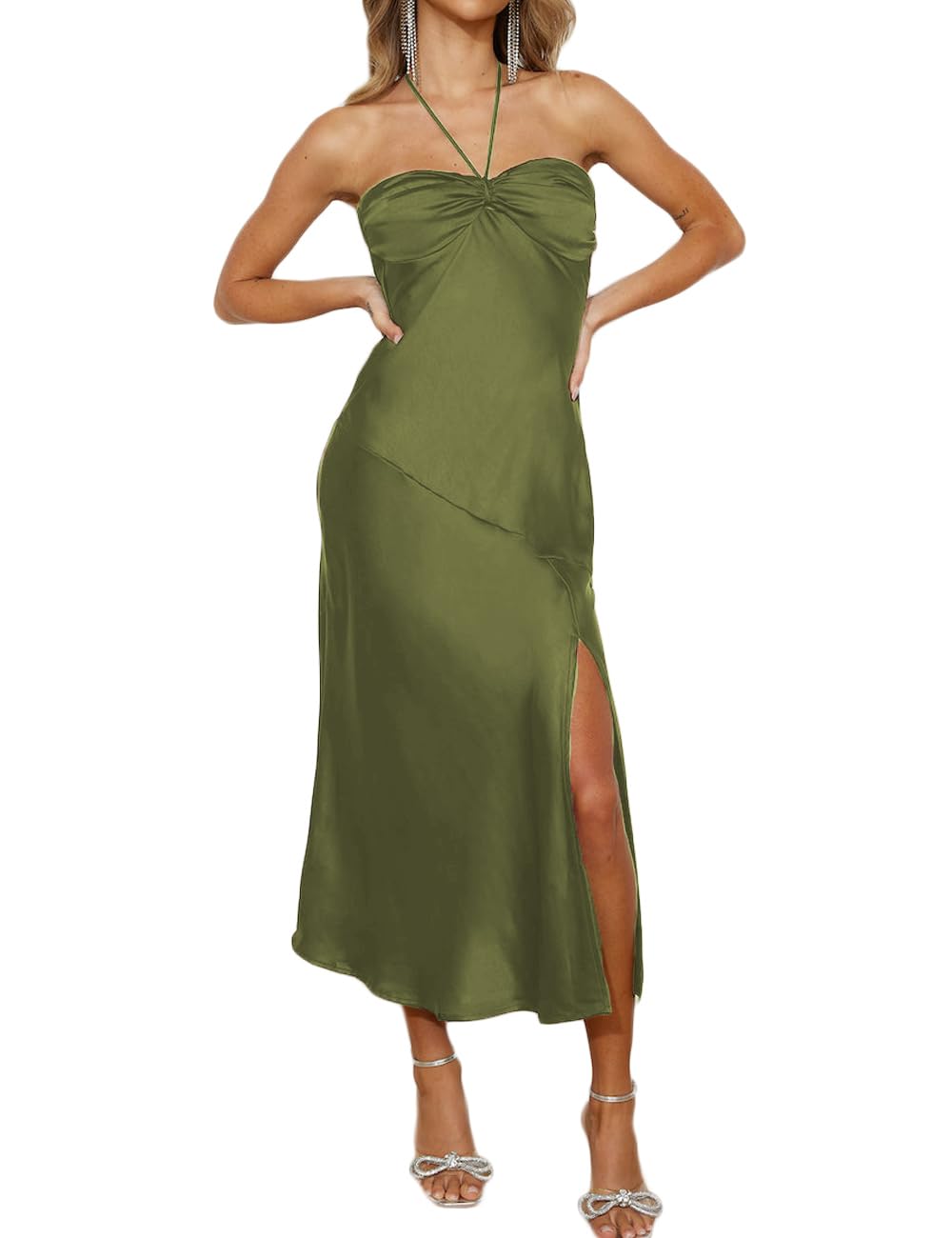 Photo 1 of VUBIYA 2025 Summer Satin Tube Tops Slit Wedding Guest Dress for Women Elegant Sexy Strapless Halter Neck Midi Dresses Olive