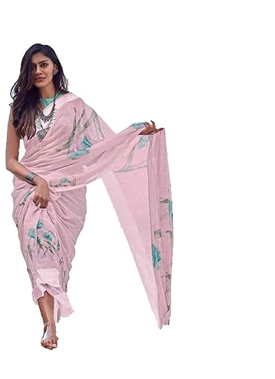 Linen with Blouse Piece Saree (MOBHI Pink_1 Free)