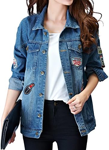 ZhengYuan Women's Denim Jacket with Patches Badge Souvenir Blue Jean Coat (Large)