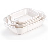Omifun Ceramic Casserole Dishes Set of 3, Embossed Relief Baking Dishes Set | Rectangular Lasagna Pan Deep With Handles, 13&ldquo;/11"/8" Bakeware Sets for Cooking, Dinner, Banquet and Daily Use (White)