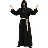 PARTY TELLER Men's Medieval Hooded Priest Costume - Friar Monk Robe for Renaissance Cosplay Halloween