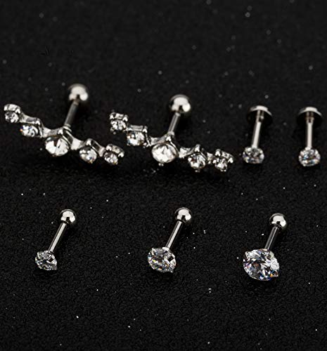 YOVORO 7Pcs 16G Stainless Steel Cartilage CZ Stud Earrings for Women Girls Helix Tragus Daith Piercing Jewelry S1
