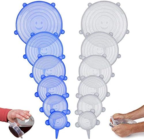 Deeram 12 Pack BPA Free Silicone Stretch Lids Reusable and Expandable Food Covers for All Kinds of Food Storage Container, Dishwasher/Refrigerator/Microwave Safe, 6 Size (2.6" to 8.3"), Blue & White
