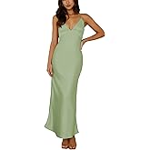 Summer Satin Spaghetti Strap V Neck Maxi Dresses for Women 2026 Backless Silk Wedding Guest Formal Tie Back Cocktail Dress