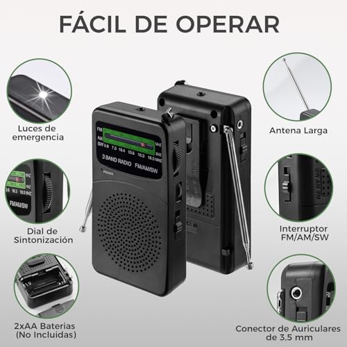 Joudix Portable Battery Radio Small FM/Am Transistor Emergency Kit Signal Super Input Headphones Flashlight Listen News Entertainment Seniors Suitable for Kitchens Bathrooms Travel