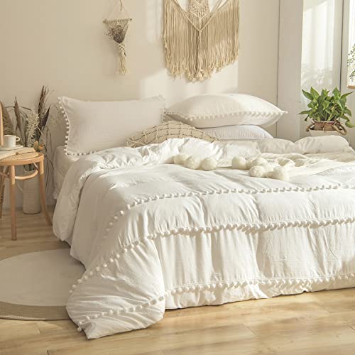 Freyamy Boho Bettwäsche 220x240 Weiß Pompons Quaste Mädchen Bettwäsche Set