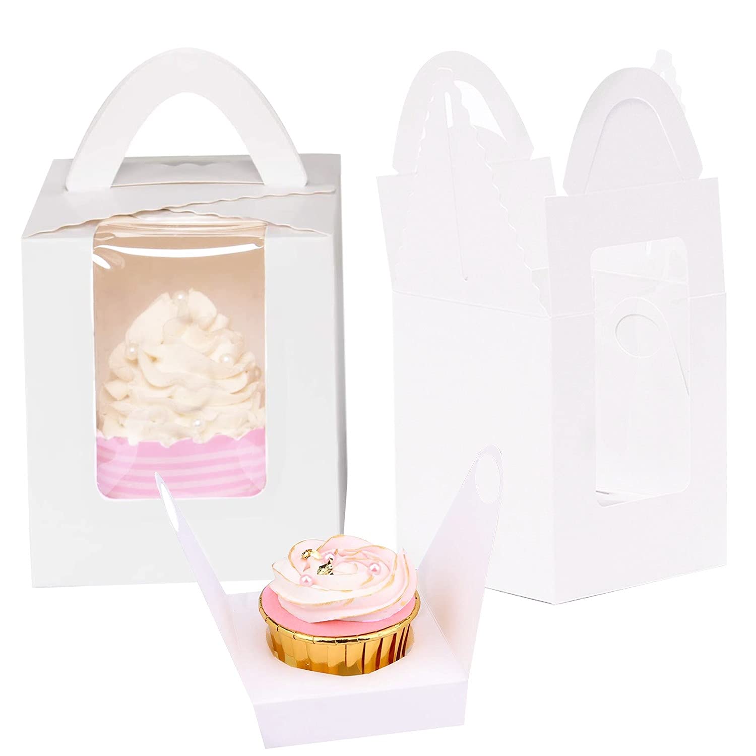 Gbateri 60 PCS Single Cupcake Boxes Cupcake Carrier with Handle, Window, White Individual Cupcake Box Bakery Boxes Mini Cavity Cake Boxes Party Favors