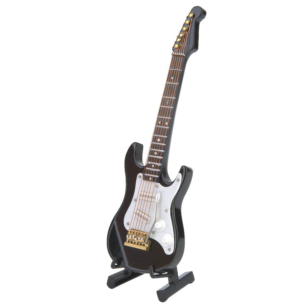 Delicate 14 cm Mini Wooden Electric Guitar Model Ornaments Collection with Stand 4 Color for Dollhouse Accessories Model Home decoration (Black)