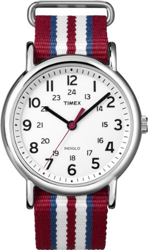 Timex Unisex T2N746 Weekender Slip Thru Red, White and Blue Stripe Nylon Strap Watch, Watch Central