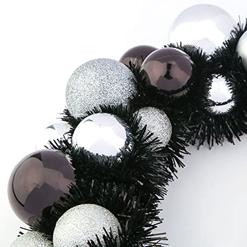HAKACC Halloween Ball Wreath,13 Inches Black and Silver Halloween Ornament Garland Decoration for Festival Celebration Door Window Wall Home Theme Party Decoration