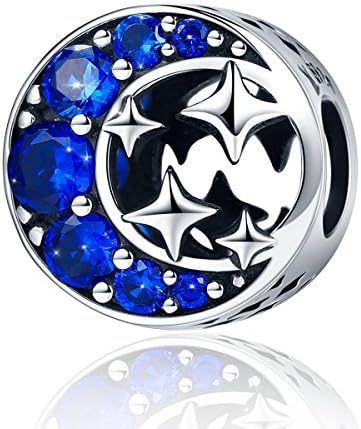 "Starry Sky" 925 Sterling Silver Moon and Star Charms Beads with Bule Cubic Zirconia for Bracelet Necklace