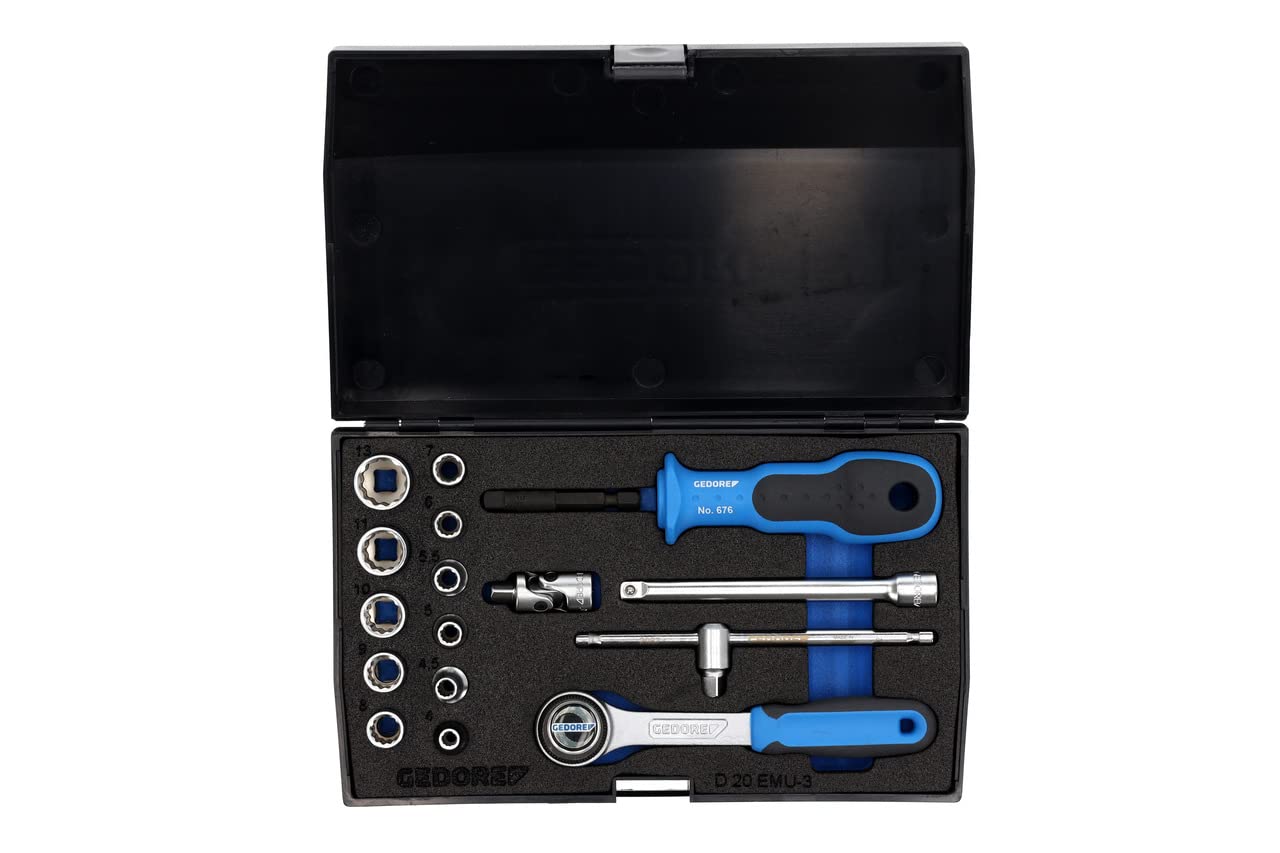 GEDORE 17-piece Socket spanner set, Bi-hex, 1/4", 4-13 mm, Tool, Ratchet with lever reverse, for Automotive, D20 EMU 3