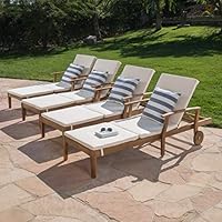 Great Deal Furniture Daisy Outdoor Teak Finish Chaise Lounge with Cream Water Resistant Cushion (Set of 4)