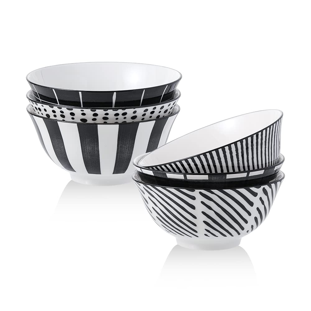 Photo 1 of Cereal Bowl Porcelain Soup Bowls - Ceramic Bowl Set 23 oz - 6 Inch Japanese Bowls Black and White for Serving Salad | Ramen | Noodle | Pho | Oat | Oatmeal - Microwave and Dishwasher Safe - Set of 6