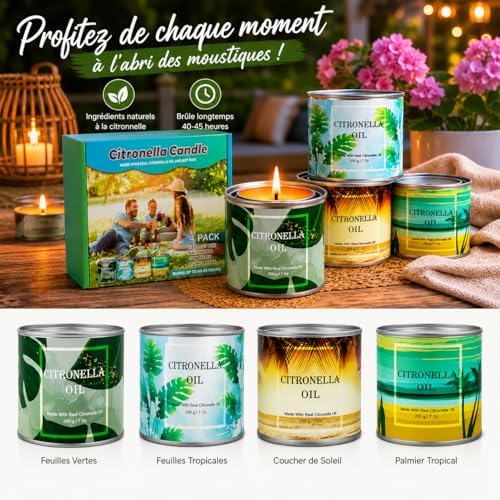 Bougies à la Citronnelle Dans des Boîtes de Bougies en cire pour Barbecue Camping Voyages Vacances Patio Intérieur Jardin Cuisine 4 Pièces