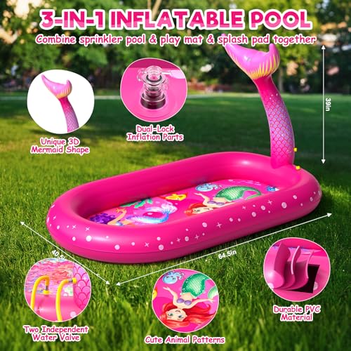 Inflatable Paddling Pool for Kids, Splash Pad for Kids, 3 in 1 Mermaid Pattern Kids Pool Inflatables, Thickened Material with Water Pipe, Backyard Summer Water Toys for Boys and Girls Age 1+