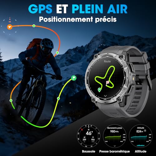 Men's Military GPS Smart Watch, 1.43 Inch AMOLED HD Smartwatch with Bluetooth Call, LED Light, Compass, 100+ Sports Modes, Heart Rate, Sports Watch for Android iOS (Black)